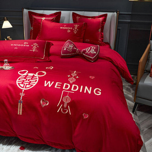 结婚四件套婚庆红色婚房喜被床单刺绣被套被单婚礼大红色床上用品