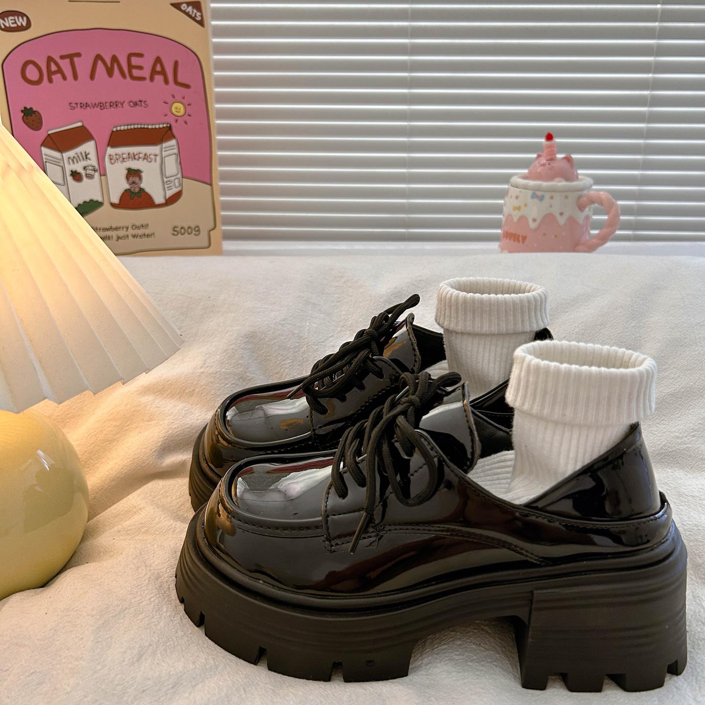 厚底小皮鞋女2025年秋季新款增高系带黑色粗跟休闲鞋配裙子jk单鞋