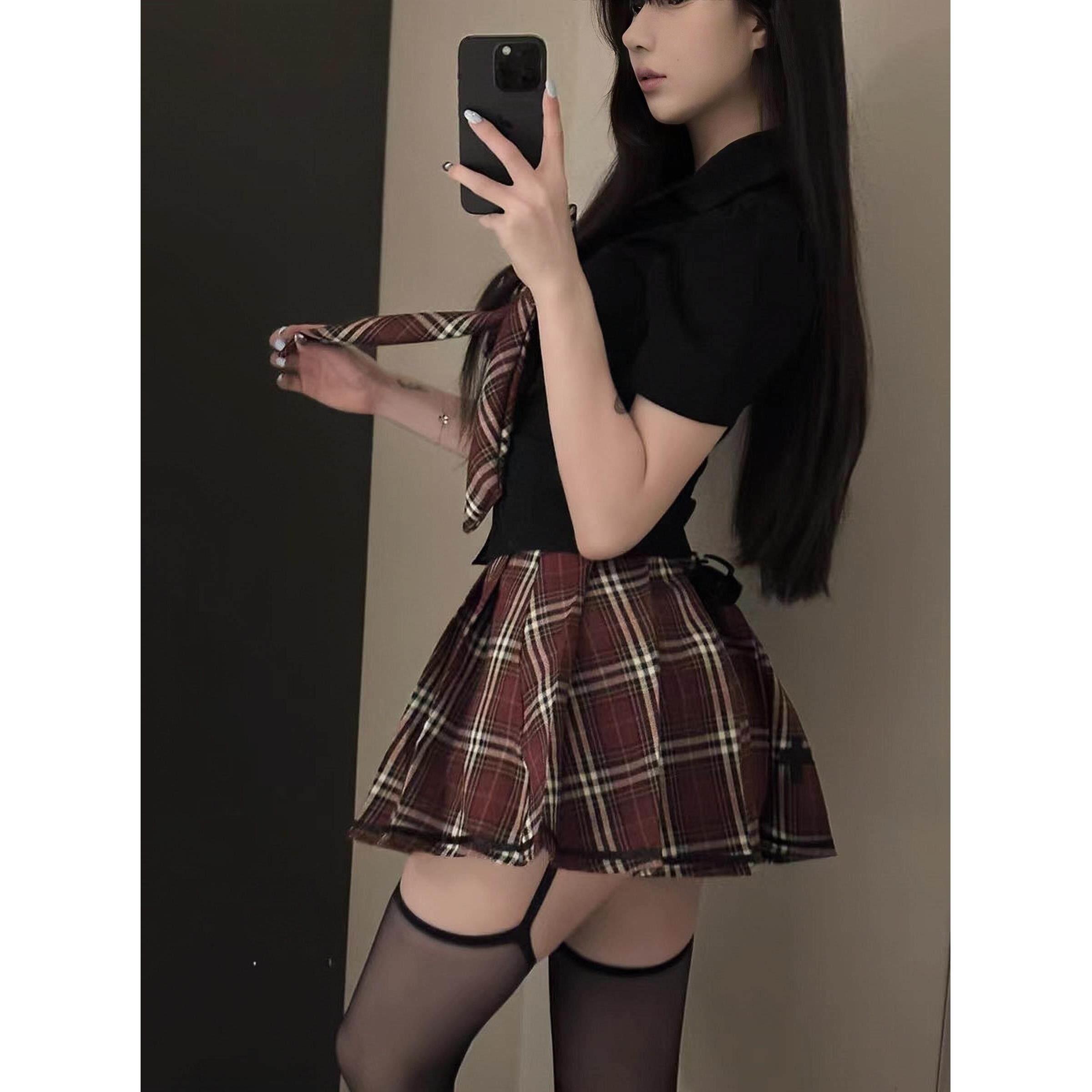 性感睡衣JK制服纯欲性感学院风新款格子衬衫角色扮演短裙两件套装