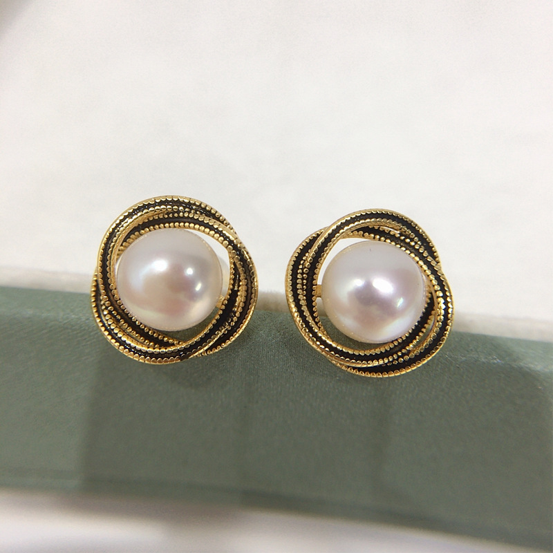 天然淡水珍珠耳环女新款滴油鸟巢18K包金珍珠耳钉S925纯银耳针