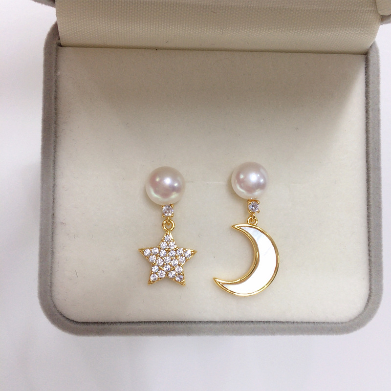 源产地诸暨天然淡水珍珠耳环女18K包金星月耳钉S925纯银针