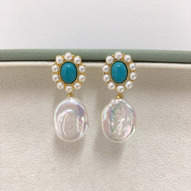 高级感天然淡水巴洛克珍珠耳环女绿松石小清新18K包金珍珠耳钉批