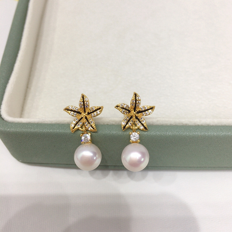 天然淡水珍珠耳环女18K包金灵动款微镶锆石海星耳钉S925纯银针