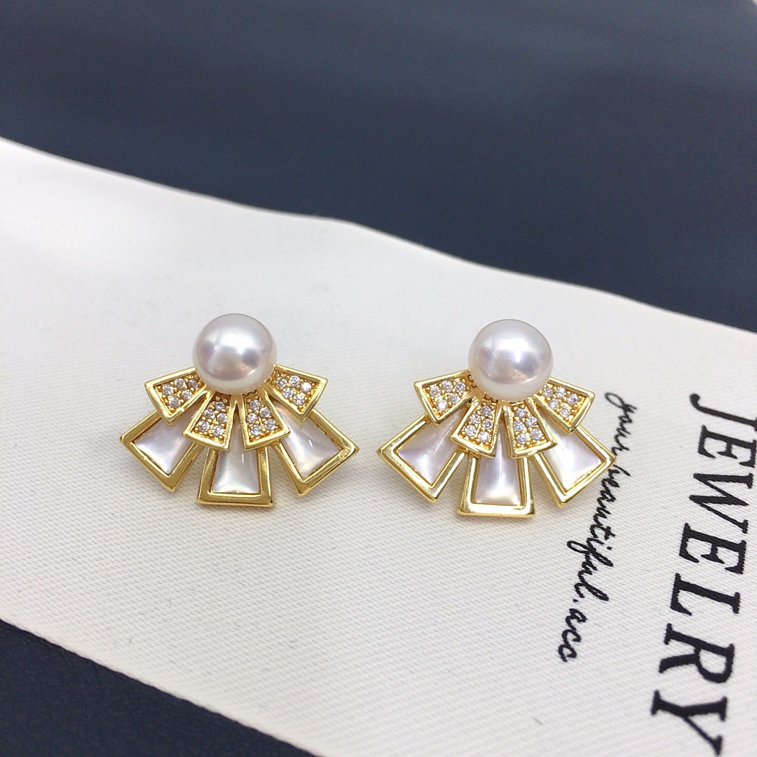 s925银针天然淡水珍珠耳钉气质扇形贝母微镶锆石一款多戴珍珠耳饰