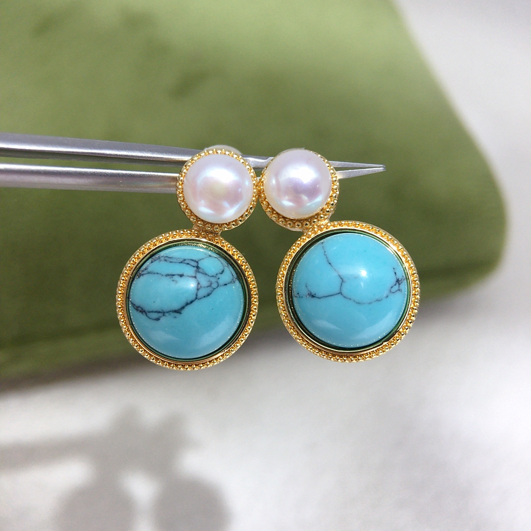 法式复古绿松石天然淡水珍珠耳钉女简约时尚小众高级珍珠耳饰