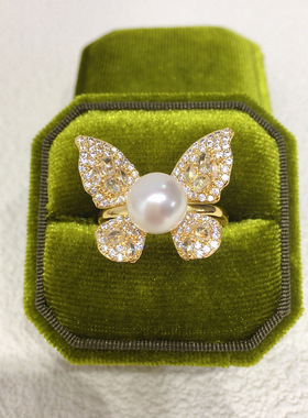 5A级高亮天然淡水珍珠戒指18K包金微镶锆石仙女蝴蝶戒指开口可调