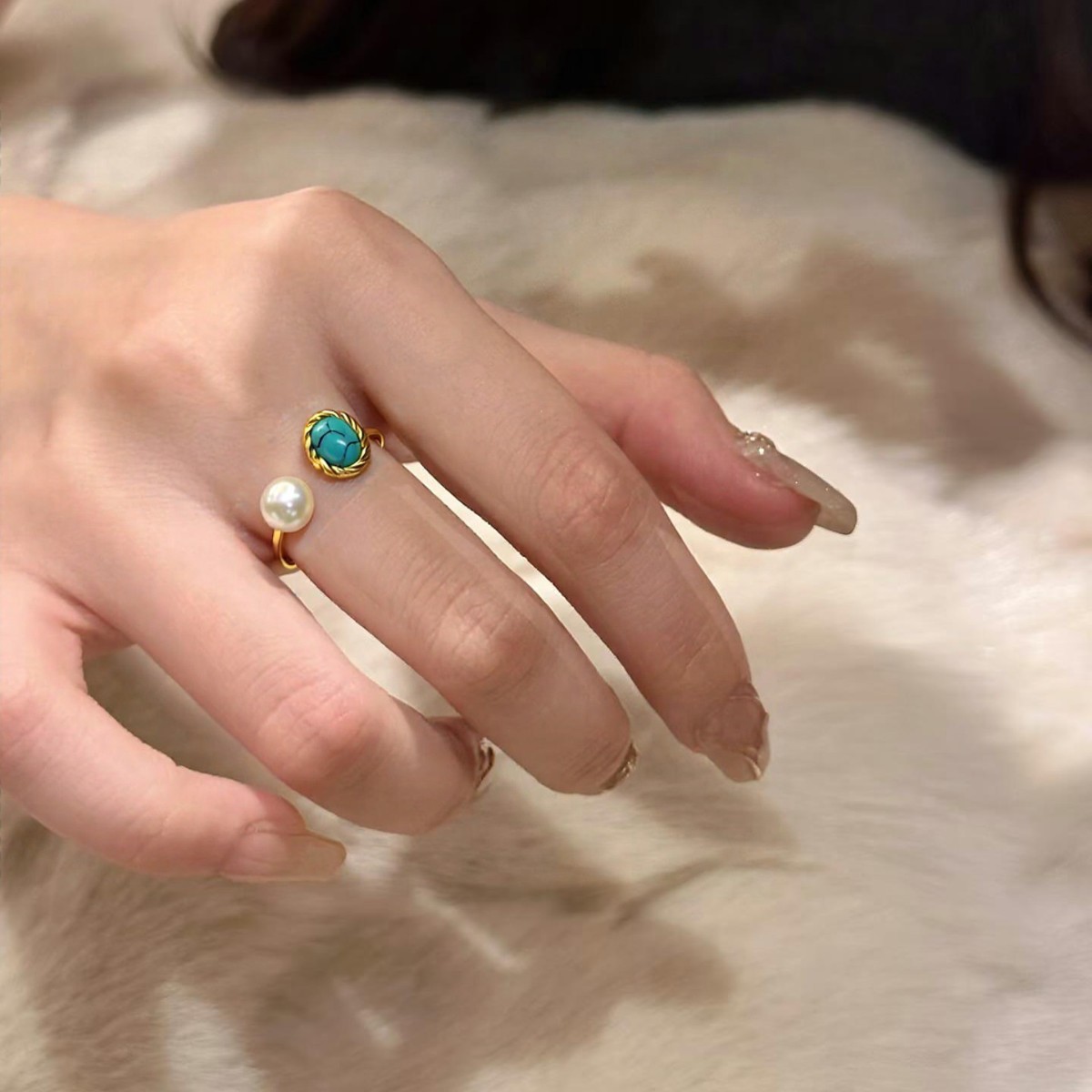 天然淡水珍珠戒指复古椭圆绿松石珍珠戒指手饰珍珠原产地
