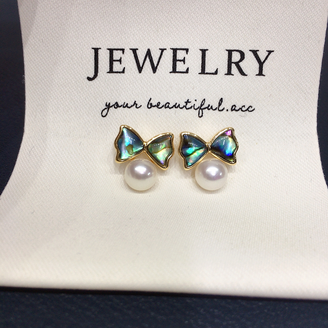 诸暨天然淡水珍珠耳钉女小清新鲍鱼贝可爱蝴蝶结高级感珍珠耳环