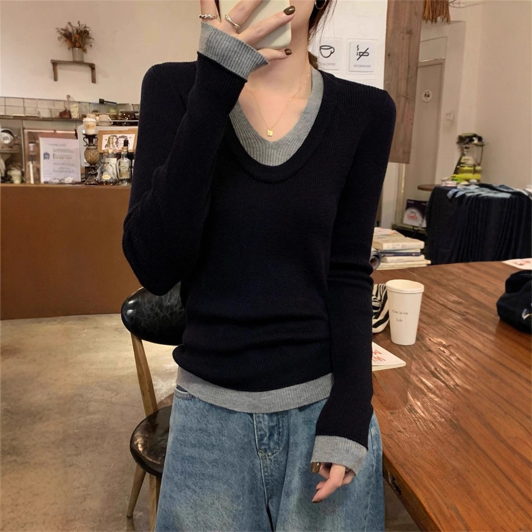 气质修身显瘦针织打底衫假两件上衣韩系撞色慵懒v领内搭毛衣