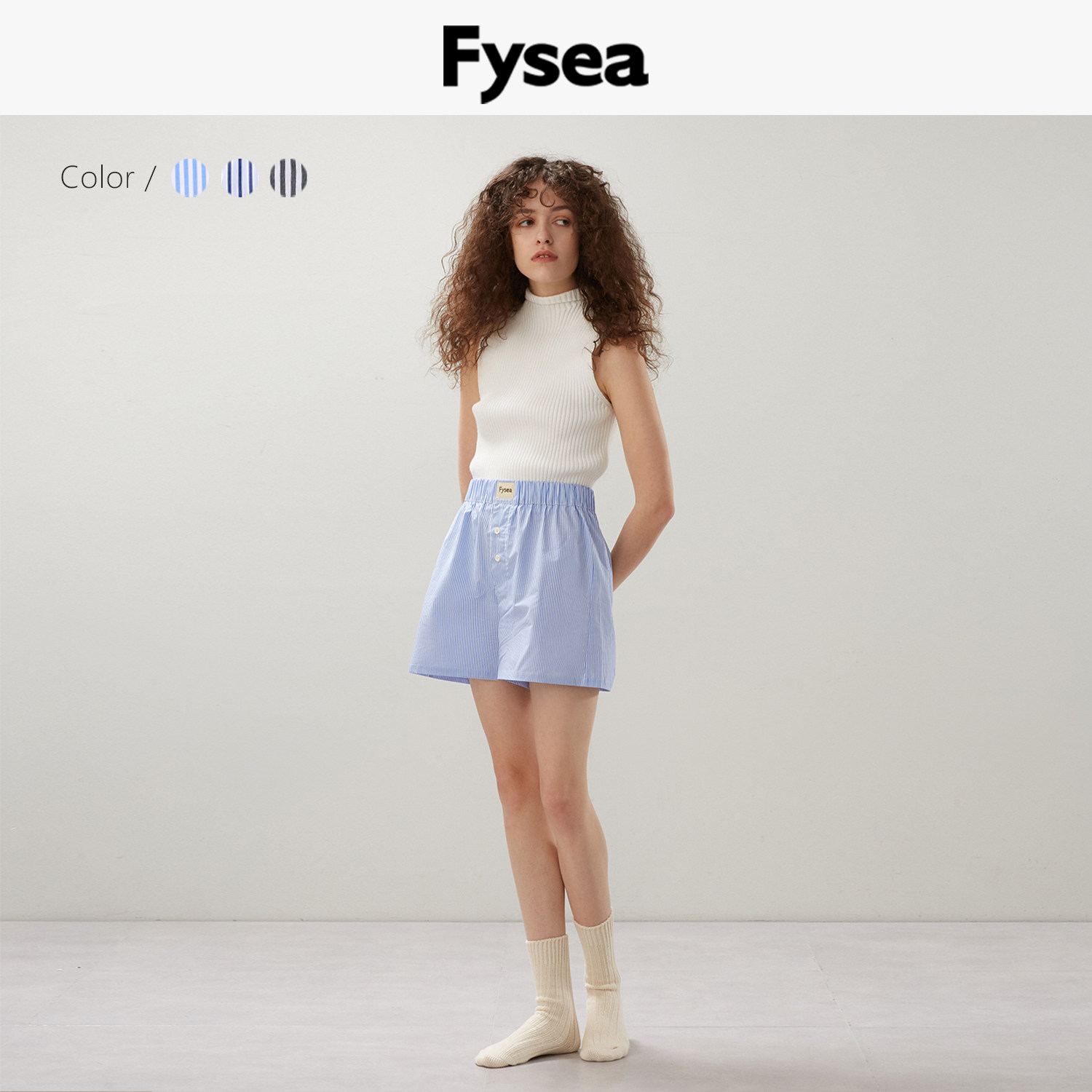 Fysea慵懒A字高支全棉Boxer睡裤外穿家居服女睡衣条纹居家短裤夏