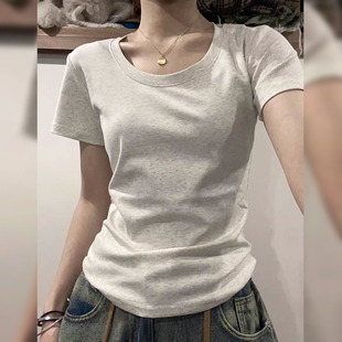 女裝 上衣女 美式 t恤女夏季 修身 緊身打底衫 U領(lǐng)內(nèi)搭短款 正肩短袖 新款