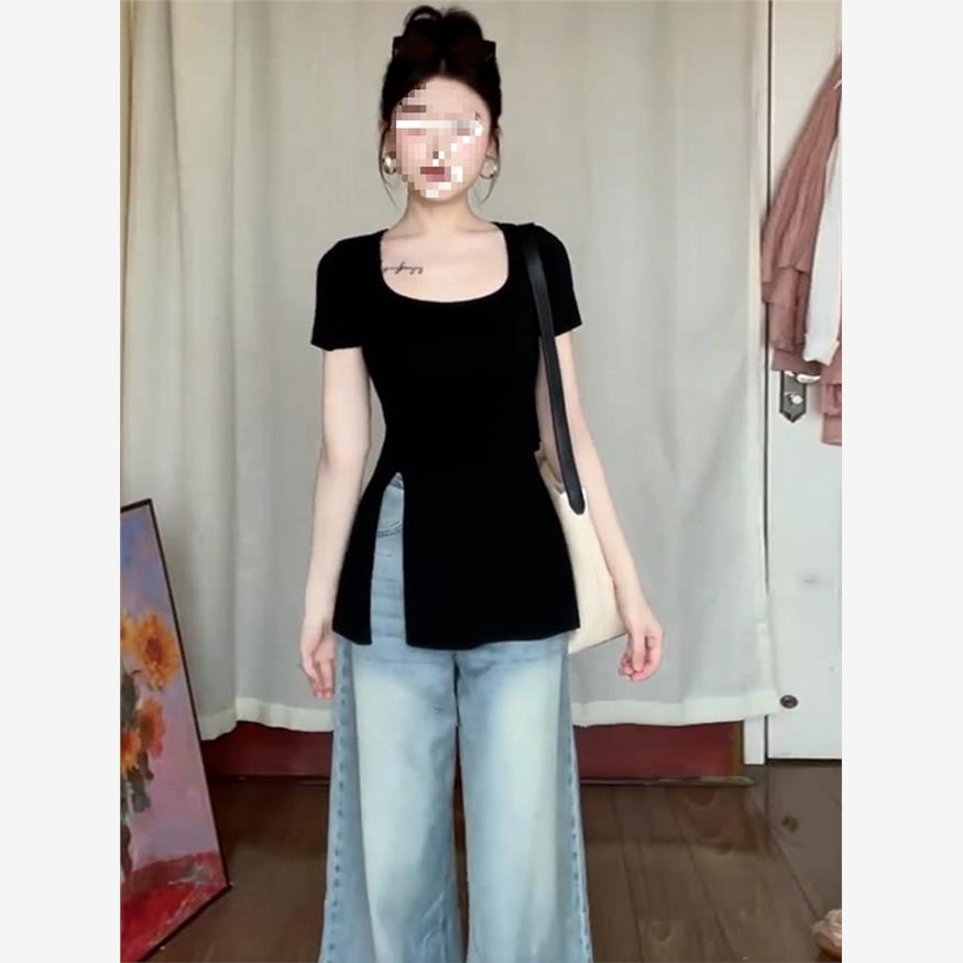 黑色短袖开叉t恤女士夏季2025新款显瘦超好看上衣设计感小众