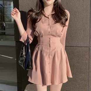 纯欲风甜美气质翻领单排扣收腰显瘦泡泡袖 连衣裙 小个子A字衬衫 式