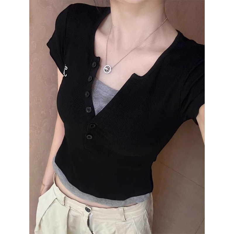 正肩t恤女短袖夏季设计感小众别致修身显瘦小个子短款假两件上衣