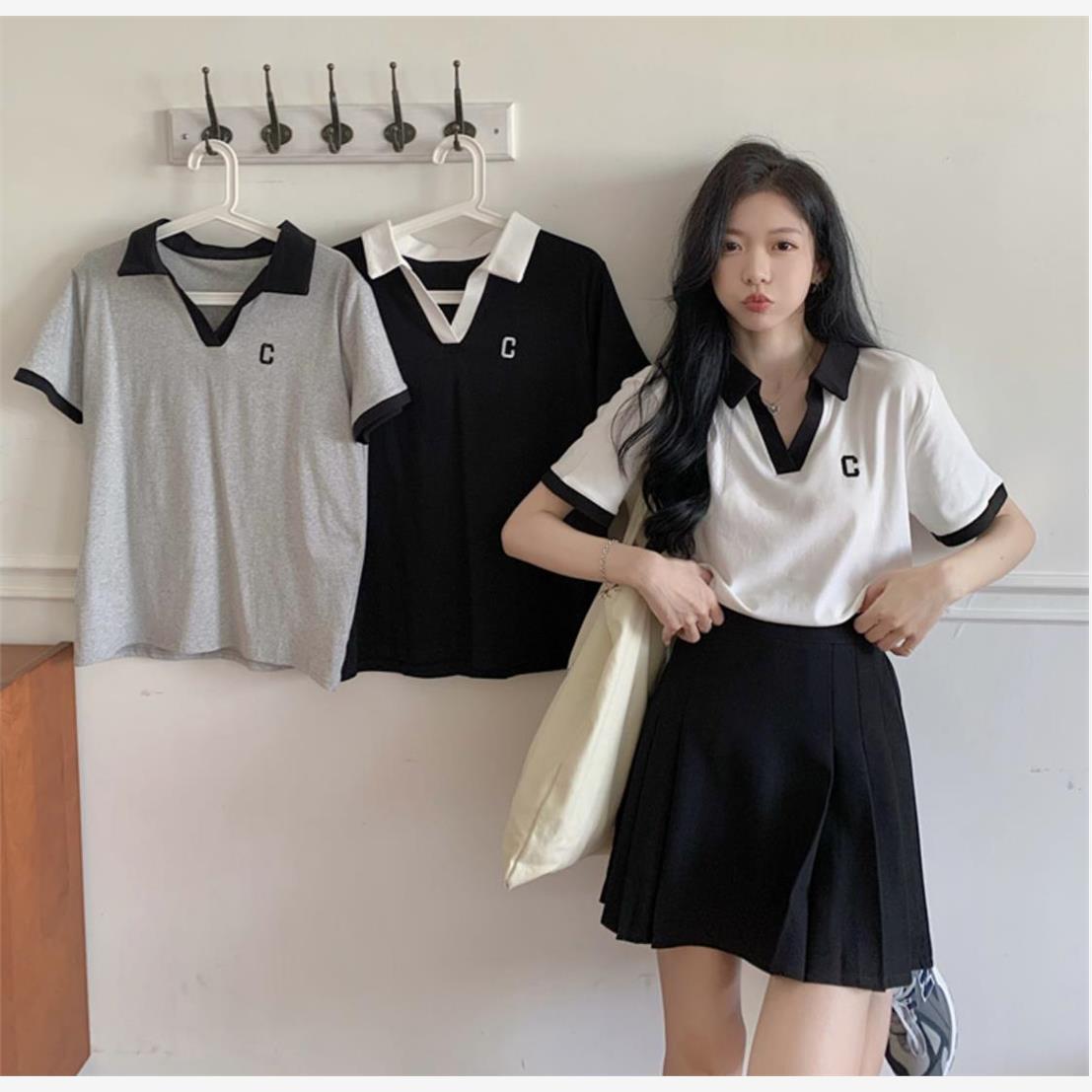 大码女装polo衫正肩短袖t恤2025夏季新款微胖mm遮肚子显瘦v领上衣