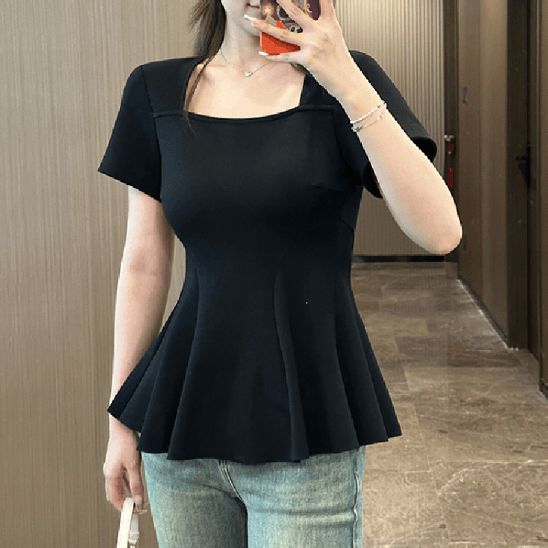 大码纯欲辣妹方领正肩短袖黑色t恤女夏季胖mm遮肚显瘦鱼尾小上衣