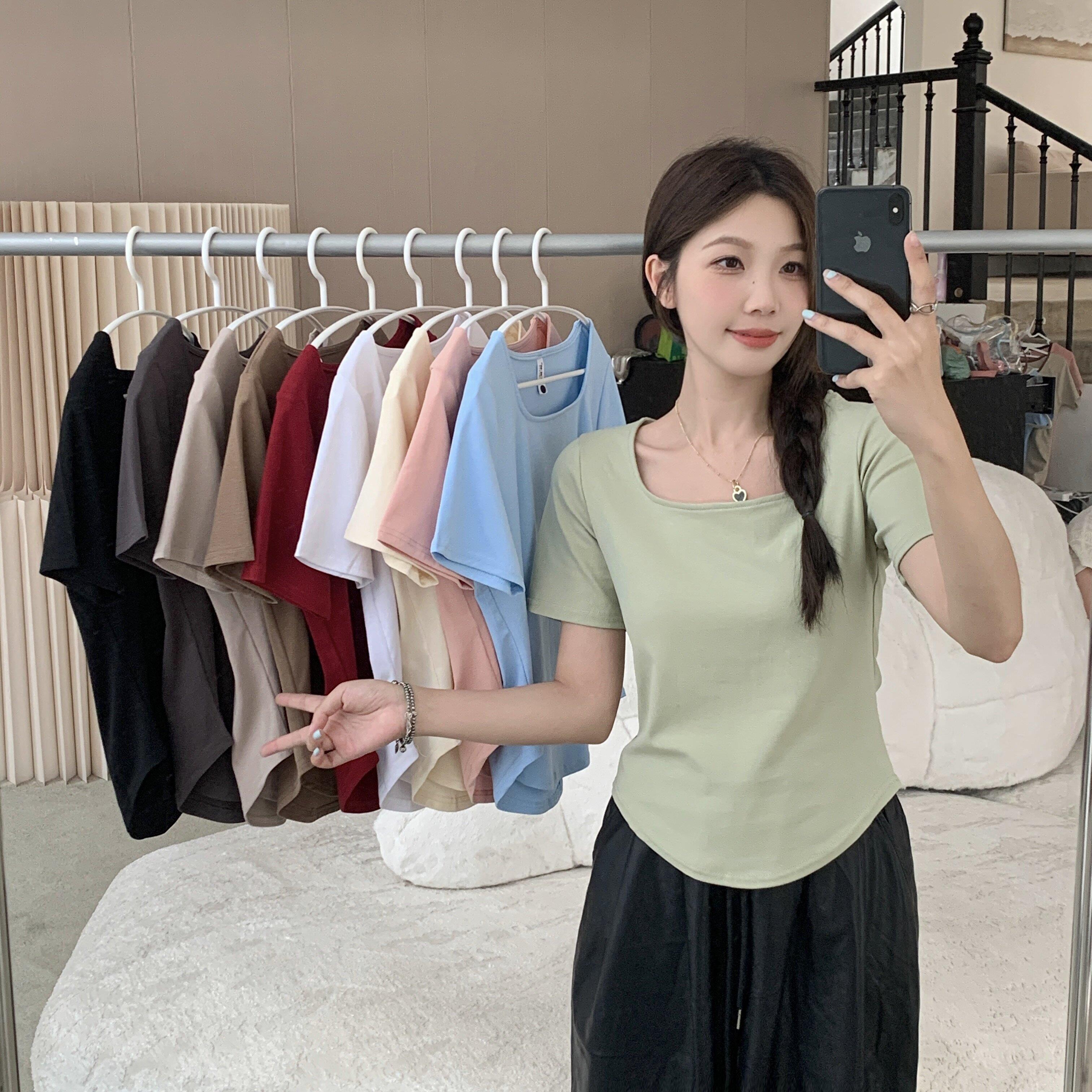 大码微胖白色短袖T恤女夏季不规则方领体恤胖MM显瘦正肩短款上衣