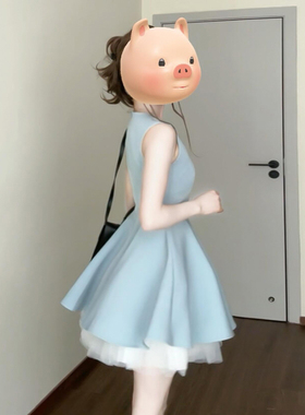 法式高级感蓝色无袖背心洋装子女装夏季2025新款小个子蓬蓬短裙