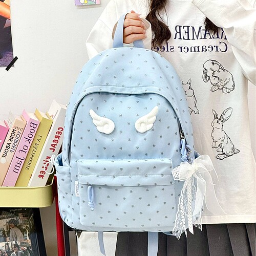 专柜品牌奶雾蓝高颜值可爱旅行背包小学生书包女爱心满印初中生简