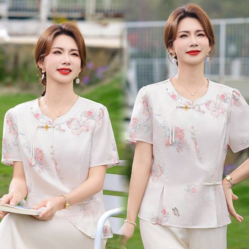 专柜品牌新中式妈妈夏装短袖T恤中年女装印花上衣服中老年母亲节