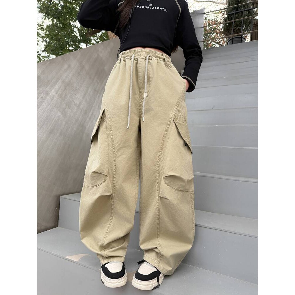 官方品牌女童工装裤潮酷风2026春款阔腿长裤子松紧腰宽松直筒中大