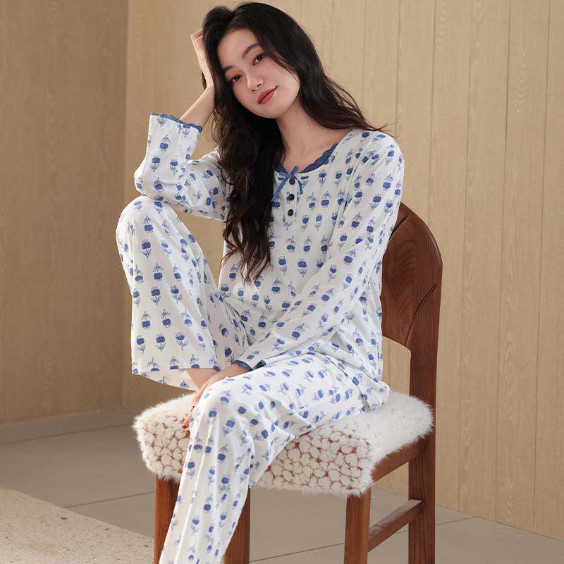 官方品牌2026新款带胸垫女士睡衣春秋季纯棉长袖碎花休闲家居服套