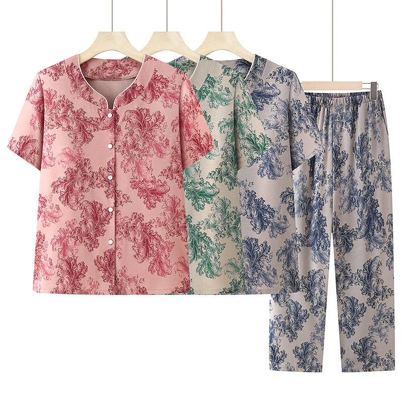 专柜品牌老年人碎花短袖开衫裤子俩件套妈妈夏装凉快衣服奶奶宽松