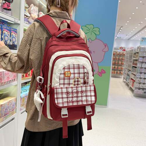 专柜品牌绯雾莓红格纹甜酷少女背包初中高中学生上课书包女校园轻