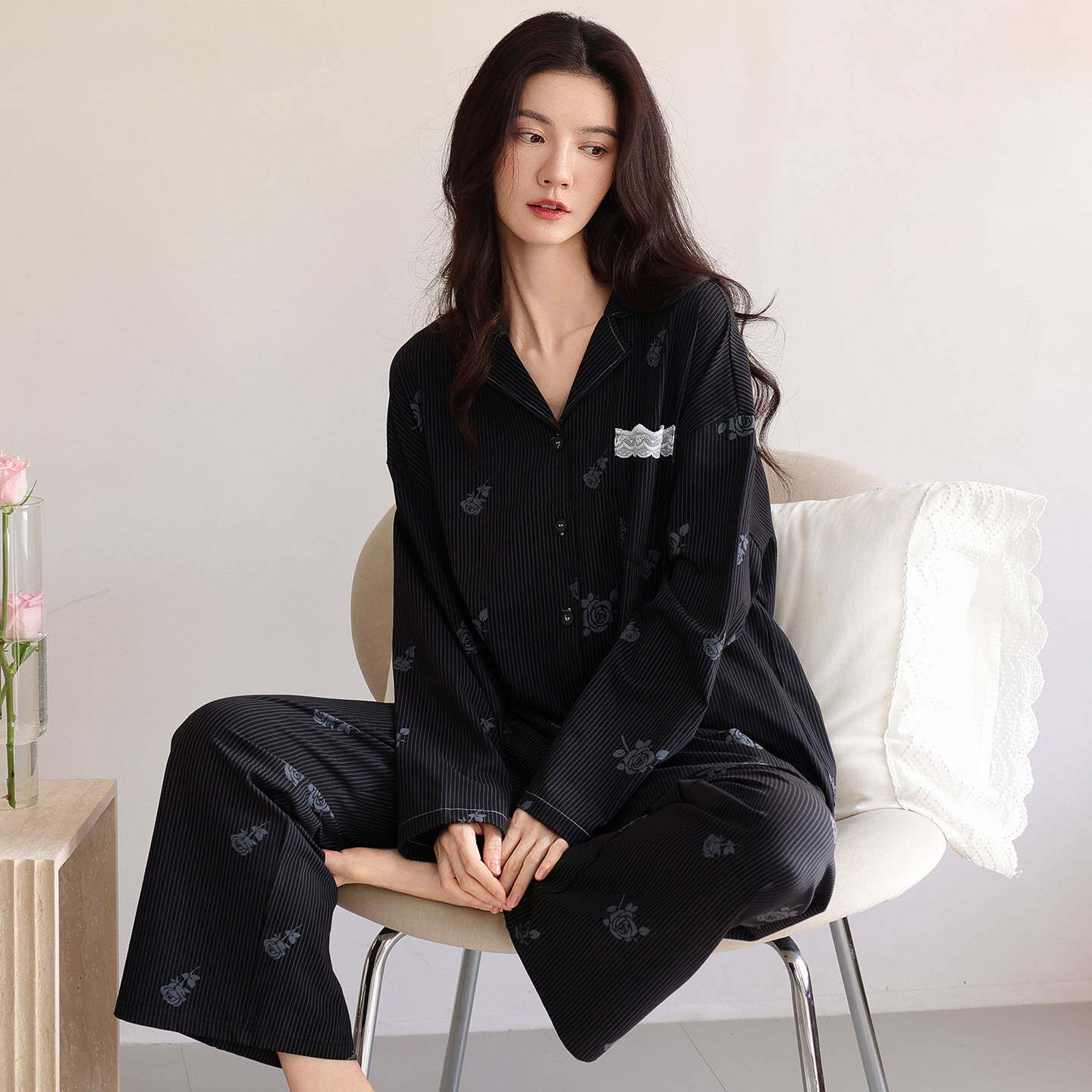 官方品牌睡衣女春秋款纯棉长袖女款秋季全棉韩版休闲黑色高级感家