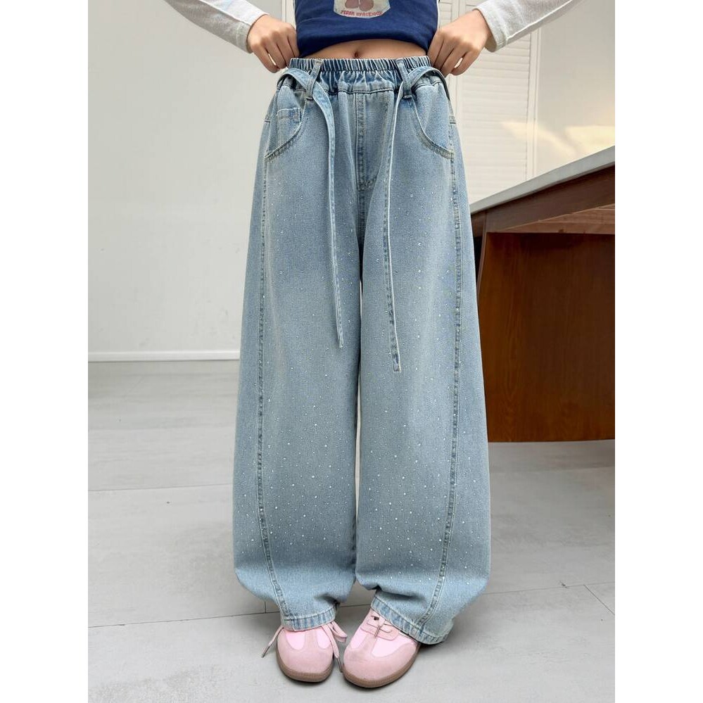 官方品牌女童烫钻牛仔裤春秋2026新款儿童直筒裤子韩版女孩大童阔