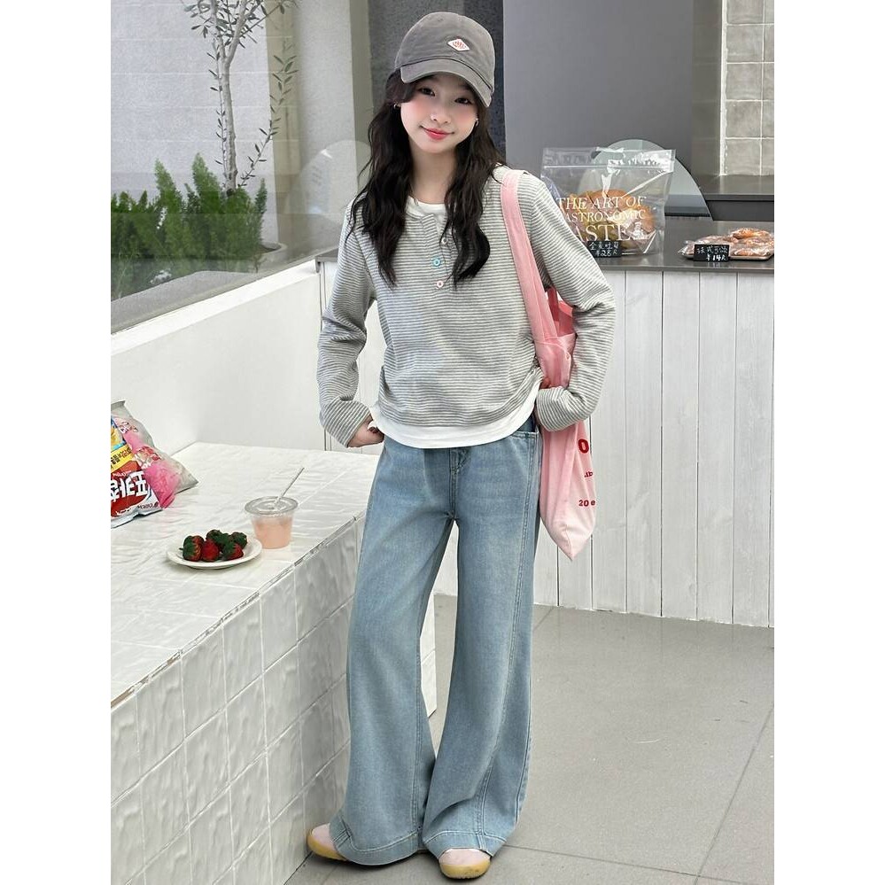 官方品牌女童春季套装2026新款洋气儿童韩版早春条纹打底衫牛仔裤