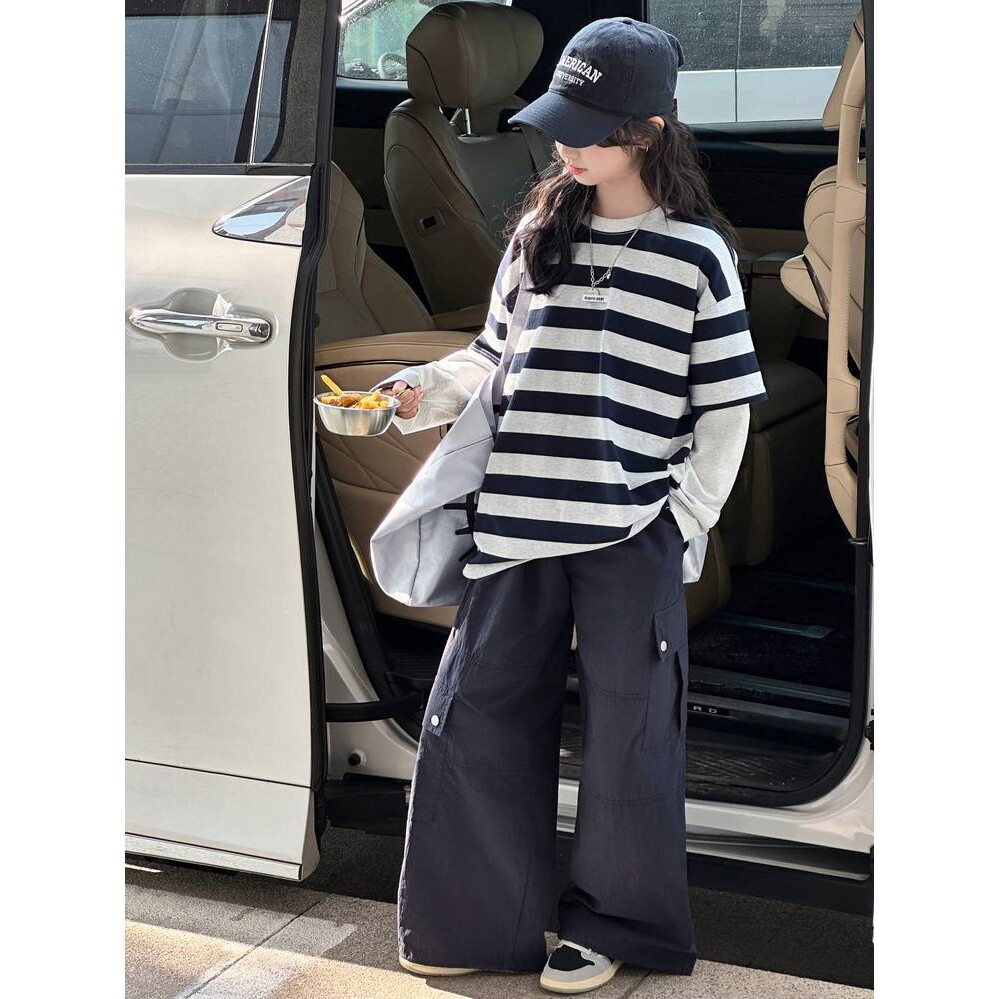 官方品牌女童春款套装2026新款女大童休闲假两件条纹打底衫卫衣阔