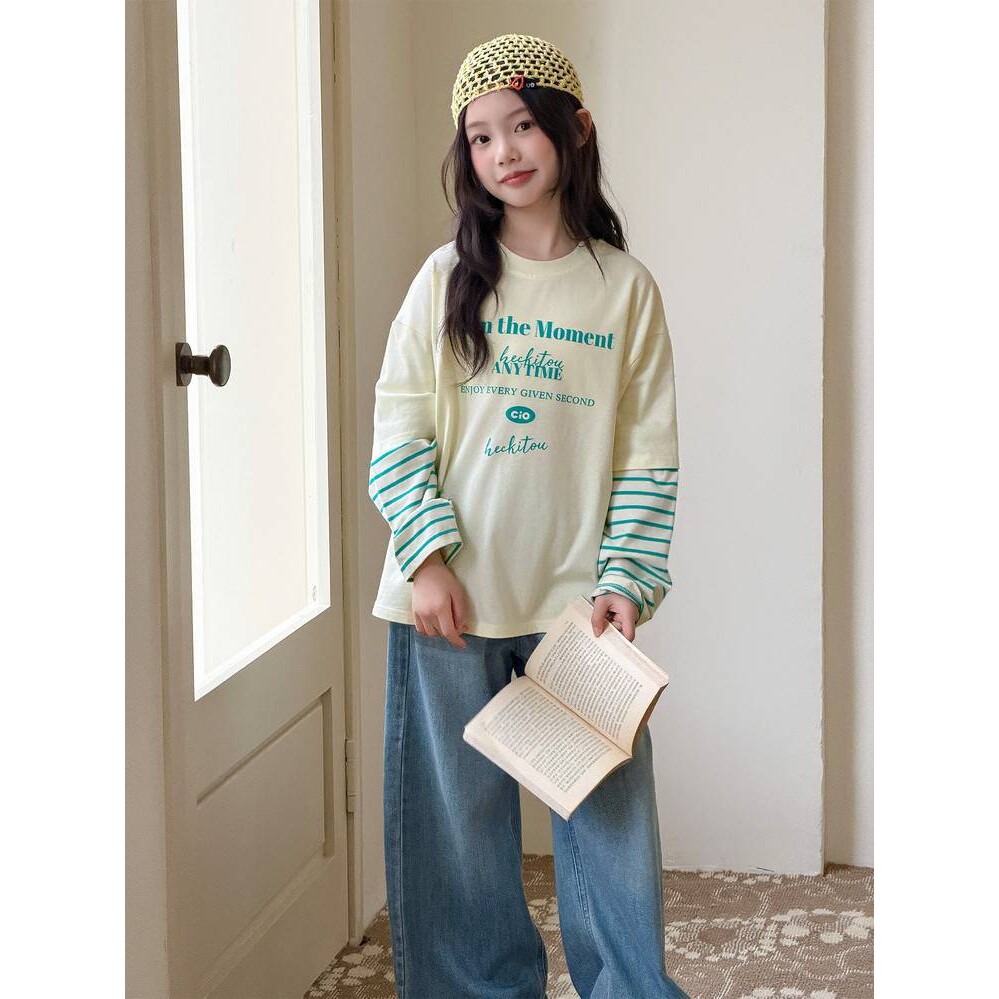 官方品牌女童长袖T恤中大童学生版2026春秋装新款儿童假两件上衣