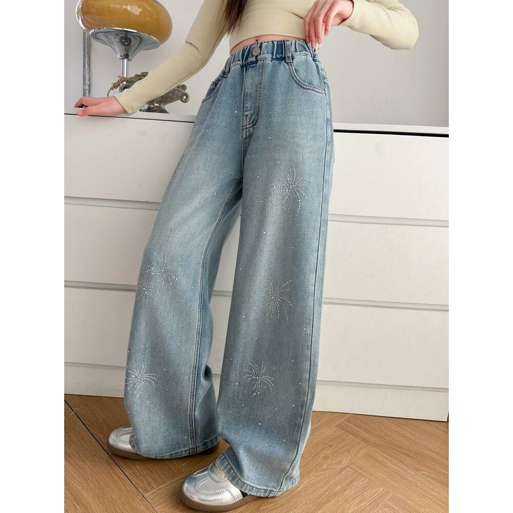 官方品牌女童春款牛仔裤2026新款女孩洋气烫钻宽松弯刀裤中大童休