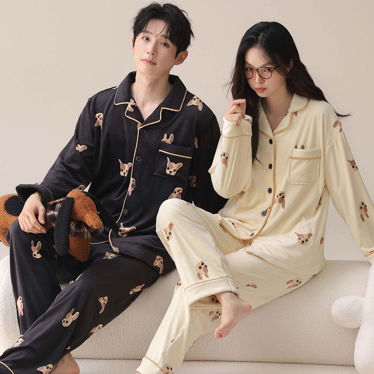 官方品牌海岛绒情侣睡衣秋冬季加厚加绒保暖开衫翻领家居服男女套