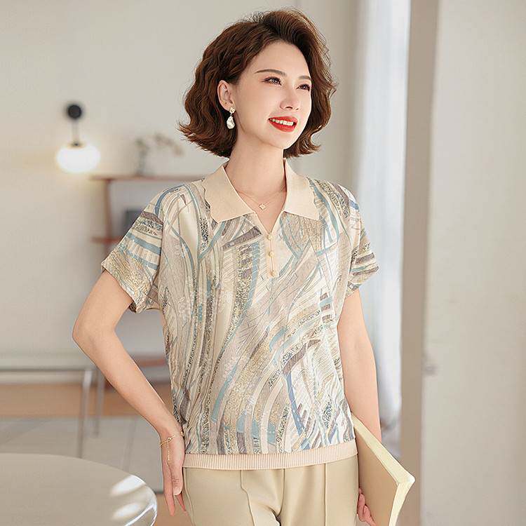 专柜品牌2026年妈妈夏装新款短袖小衫中老年女装冰丝雪纺T恤上衣