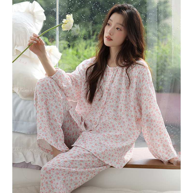 专柜品牌婴儿棉睡衣女春秋季纯棉双层纱布长袖妈妈宽松大码全棉家