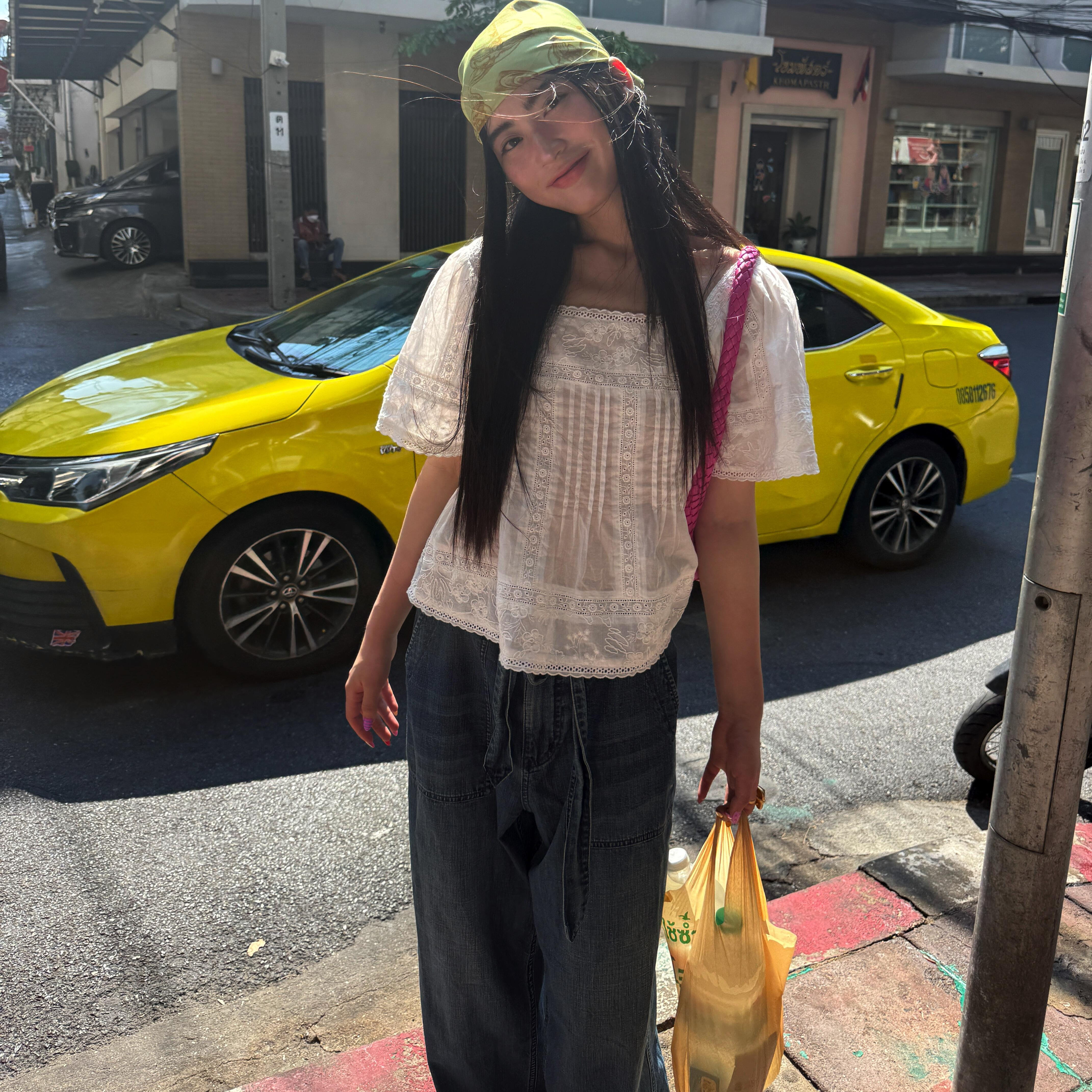 地素浪漫花边方领短袖衬衫