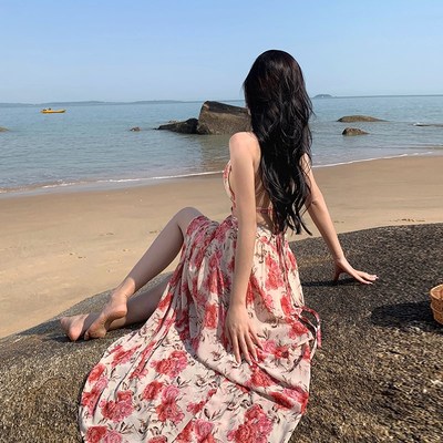 速发海边度假沙滩裙碎花连衣裙绝美性感露背绑带高腰开叉吊带长裙