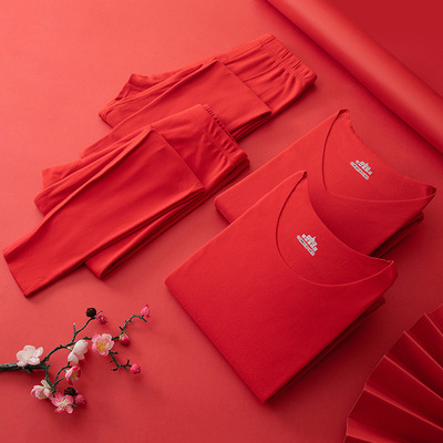 本命年大红色结婚保暖内衣男女士套装加厚德绒无痕磨毛秋衣秋裤