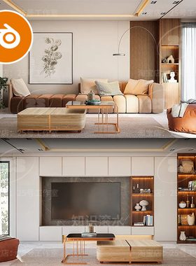 blender客厅沙发茶几电视墙柜子橙色室内装饰软装场景模型2288