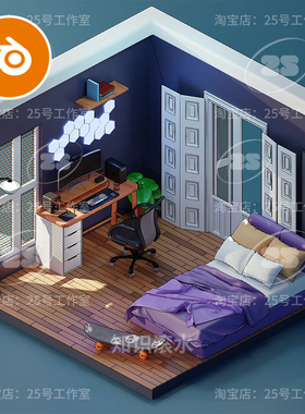 blender卡通迷你房间可爱卧室书房电脑桌紫色场景模型建模2212