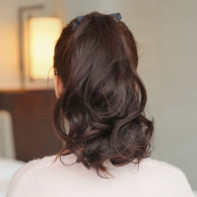 亚溪100%真人发丝假发大波浪网红高马尾真发短款卷发绑带式梨花辫