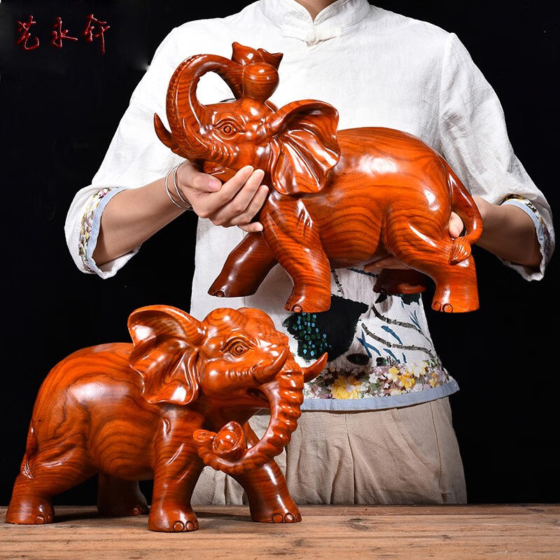 艺永轩花梨木雕大象摆件实木客厅玄关桌面雕刻装饰品长度约20-50c