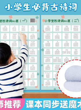 小学必背古诗词教室贴墙一年级小学生儿童唐诗必背80首挂图大全【