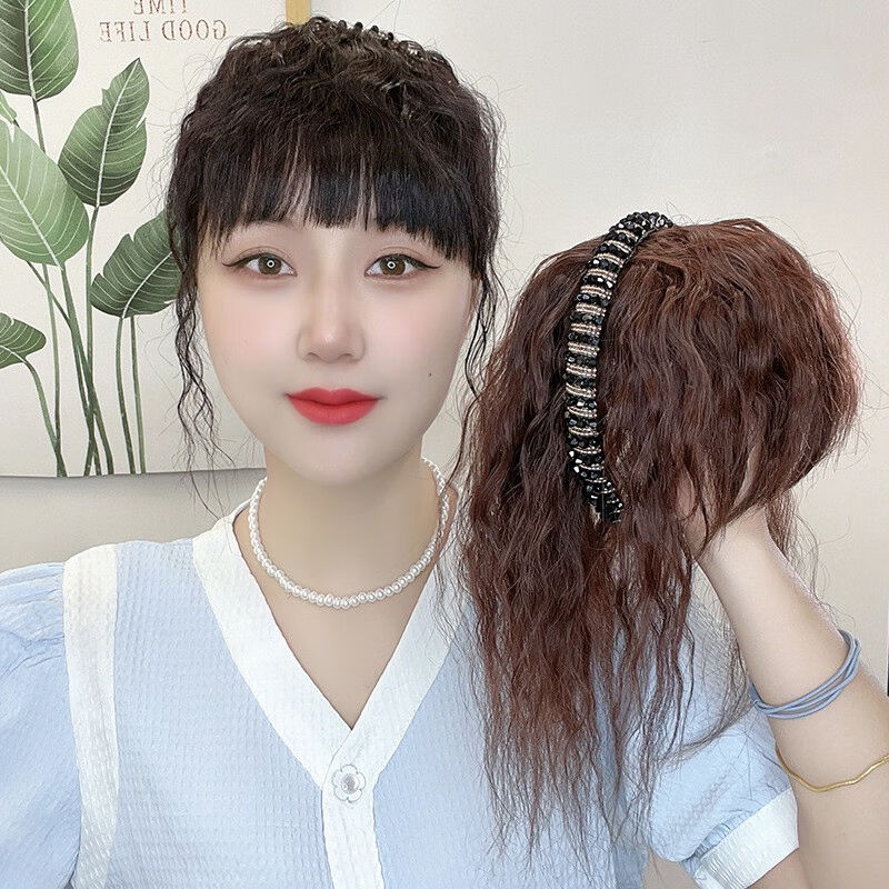 纤缕发箍刘海假发片真发一体式遮盖头顶白发水钻发箍卷发头顶补发