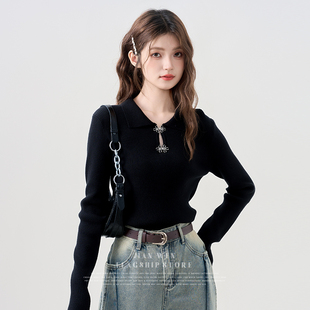 2025春秋新中式黑色翻领打底针织衫女修身内搭小个子别致毛衣上衣