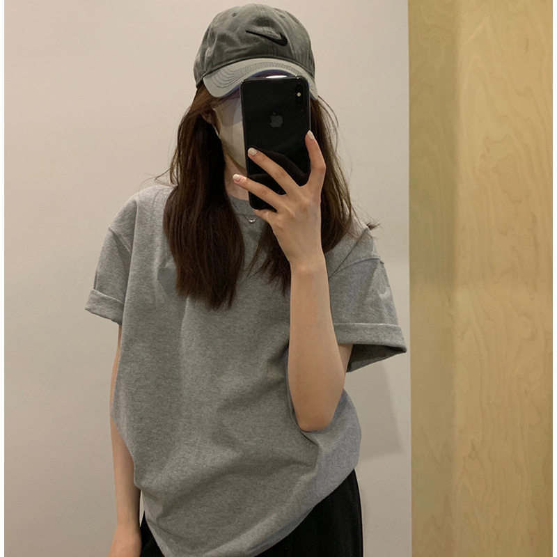 韩版休闲灰色磨毛圆领T恤女春装新款时髦宽松百搭中长款短袖上衣