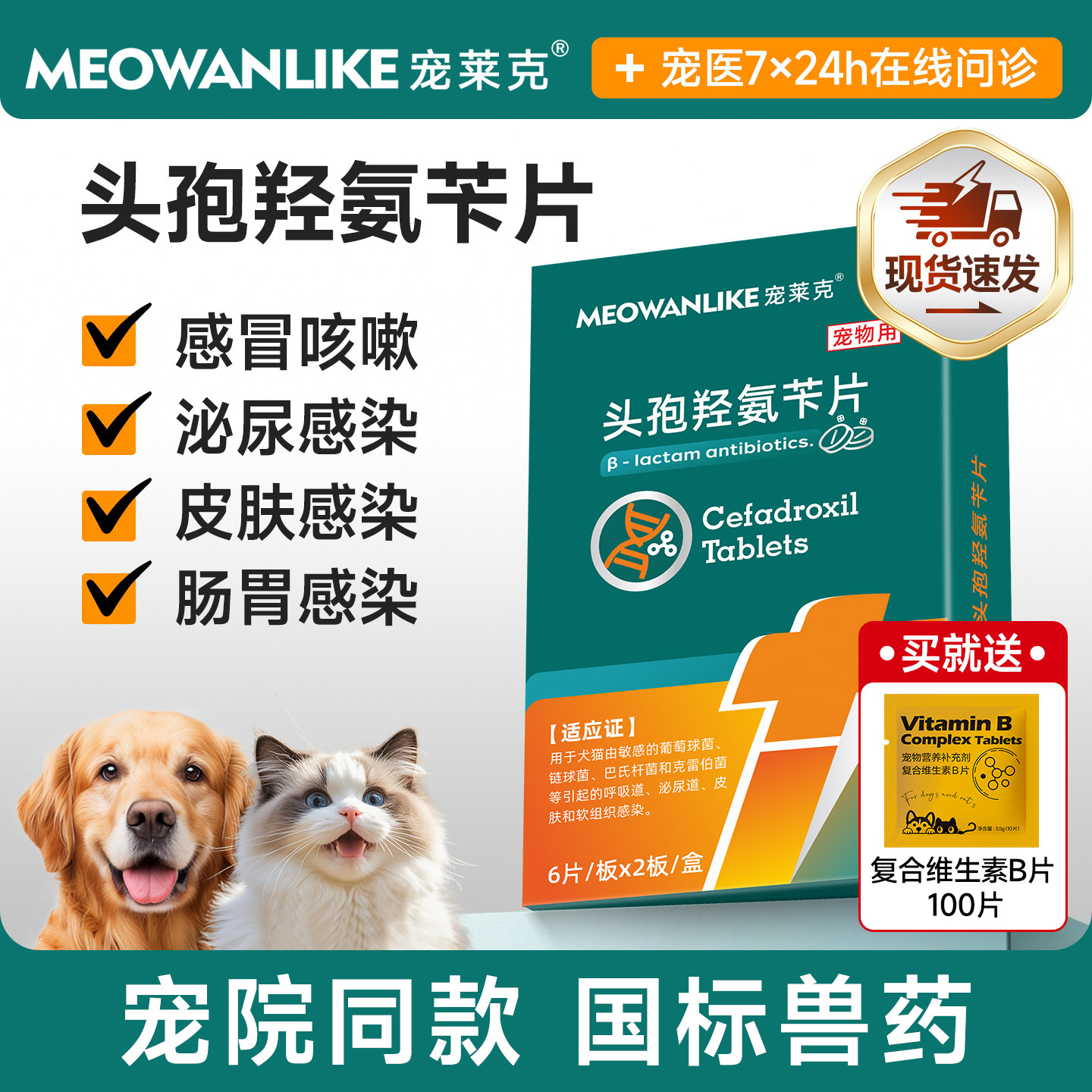 宠莱克头孢羟氨苄片宠物猫咪狗狗消炎药肠炎伤口呕吐消炎尿频尿血图片