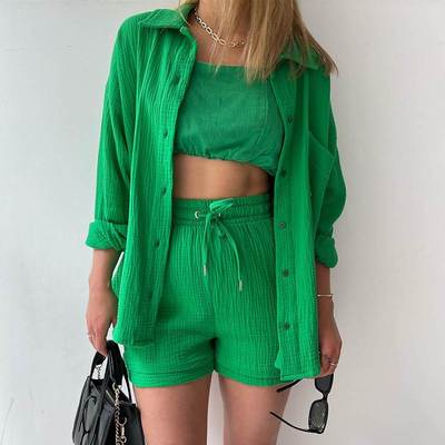 Long sleeve shirt shorts large fashion 2 suit wome女短裤套装
